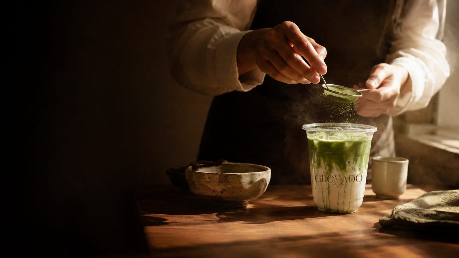 A Grovado barista dusting matcha over a freshly poured cup